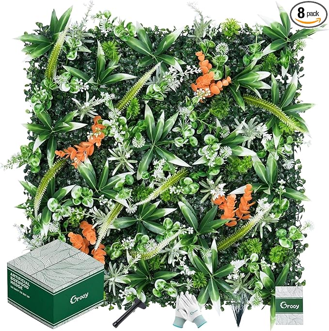 20"X20" Artificial Boxwood Panels, 8PCS Grass Wall Hedge Panels UV-Protected Greenery Privacy Hedge Screen, Grass Backdrop Wall for Indoor Outdoor Patio Balcony, Party Garden Fence Decor