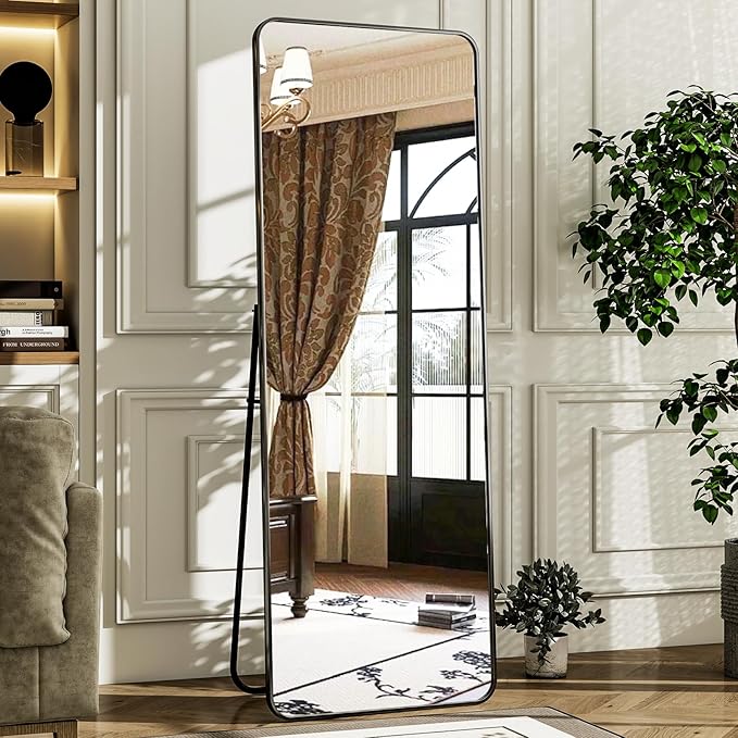 HARRITPURE 56"x21" Full Length Mirror, Black Rounded Corner Aluminum Frame Floor Standing Mirror Hanging/Leaning Wall for Living Room Bedroom Cloakroom