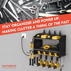Veitorld Power Tool Organizer Wall Mount with Charging Station, 4 Drill Holder Heavy Duty Cordless Tool Storage Rack, Metal Garage Organizers and Storage, Christmas Birthday Gifts for Men Dad Him