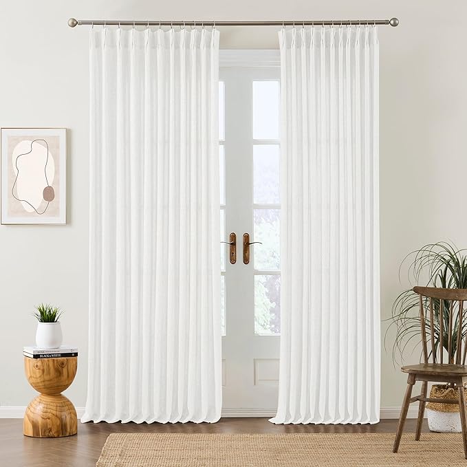 RAIN CITY Linen White Sheer Curtains 86 Inches Long Pinch Pleated with Hooks Light Filtering Window Drapes for Living Room Bedroom Semi Sheer Textured Curtains Back Tab 50 Each Wide