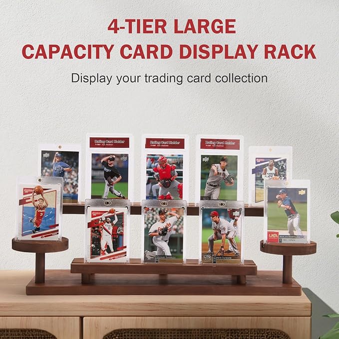 Wooden Trading Card Display Stand, 3-Tier Card Holder for Graded, Sports and TCG Cards, Tabletop Display Holder, Rustic Solid Wood Shelf Stand for Basketball Football Hockey (Brown)
