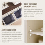 Triple Tilt Out Laundry Hamper Cabinet, 20 Gallon Farmhouse Trash Can Cabinet w/Drawer & Adjustable Shelf, Hidden Garbage Can Bin Cabinets w/Laundry Basket for Bathroom, Kitchen (Antique White)