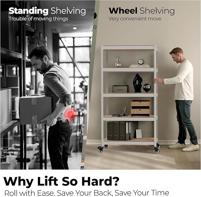 HOMEDANT House 5-Tier Metal Rolling Cart Shelf Rack Casters Heavy Duty Laminated Wheel Shelving Unit Adjustable Utility Storage Shelves Organizer Shelf Kitchen Garage (4, (L) 48.1" W, White)