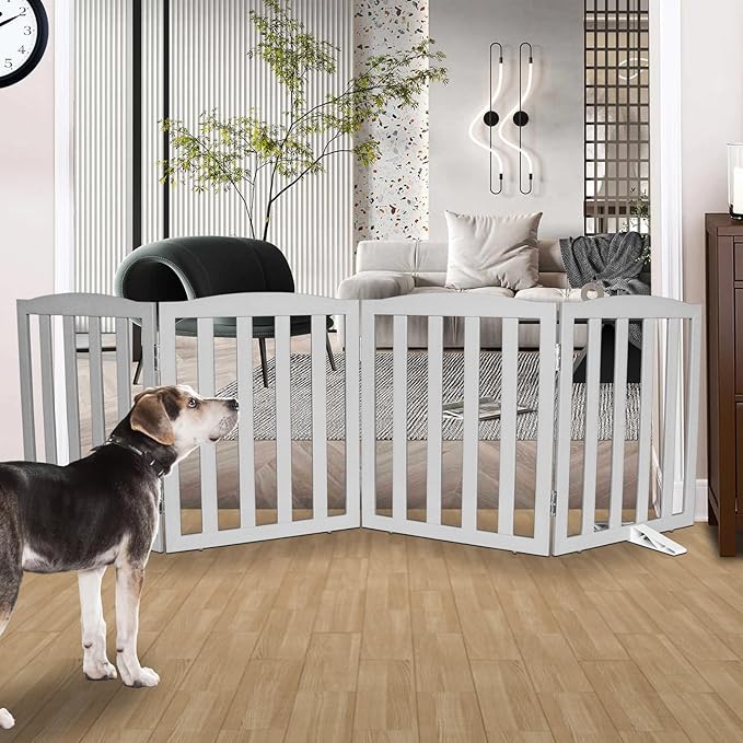 Freestanding Dog Gate Indoor,Doggie Gate Foldable Pet Gates for Doorways,Stairs or Hallways, Wooden Grey Pet Gate for The House, Pet Fence with Support Feet Included,24 "Height-4 Panels