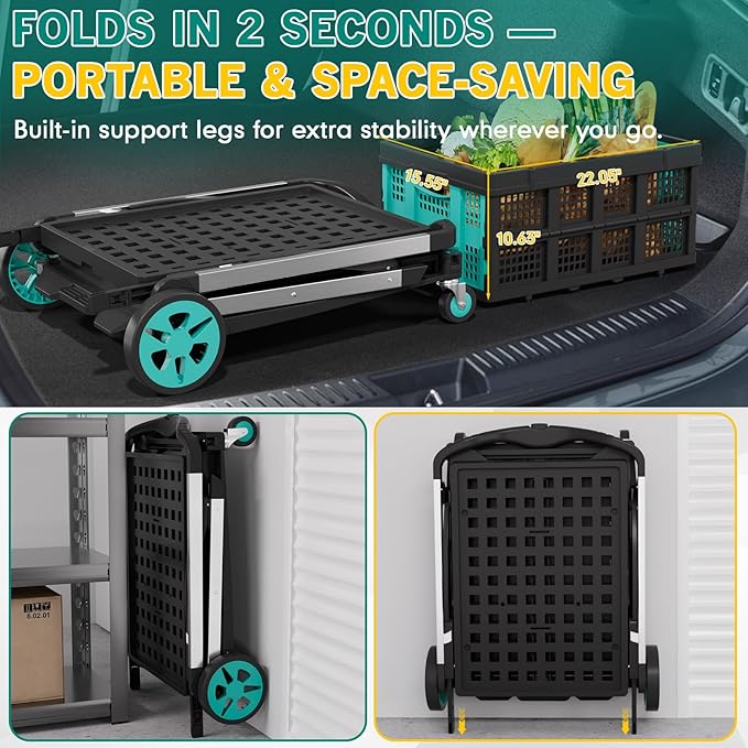 Beyond Collapsible Shopping Cart on Wheels, Shopping Cart with 2 Storage Crates, 2-Tier Multi Functional Utility Cart for Grocery/Warehouse/Office/Supermarket - Blue