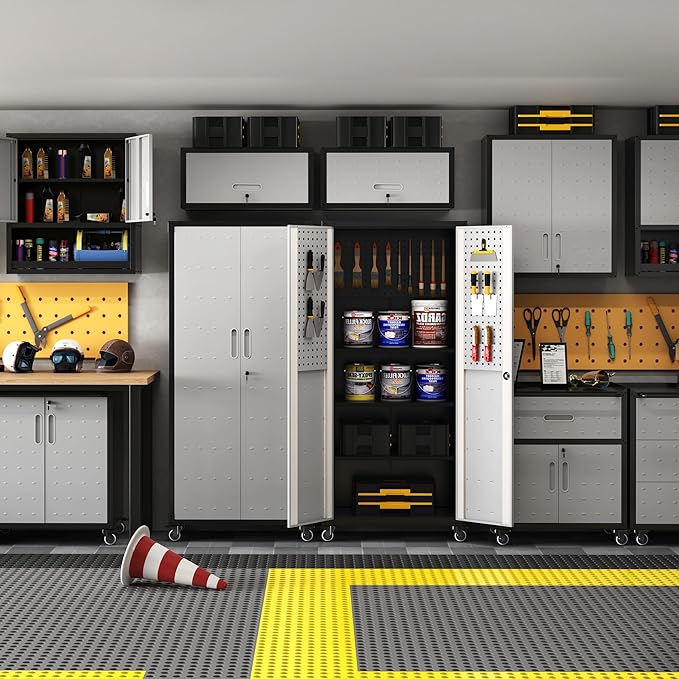 71'' Garage Storage Cabinet on Wheels Metal Tool Cabinets with Locking Doors and 3 Adjustable Shelves,Heavy Duty Tall Rolling Steel Cabinets for Garage Warehouse Basement Office