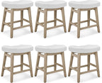 Counter Height White Bar Stools Set of 6 for Kitchen Counter Farmhouse Modern Barstools with Faux Leather Upholstered Backless Seat and Solid Wood Legs 24 inch Bar Chairs, White + Wood Color