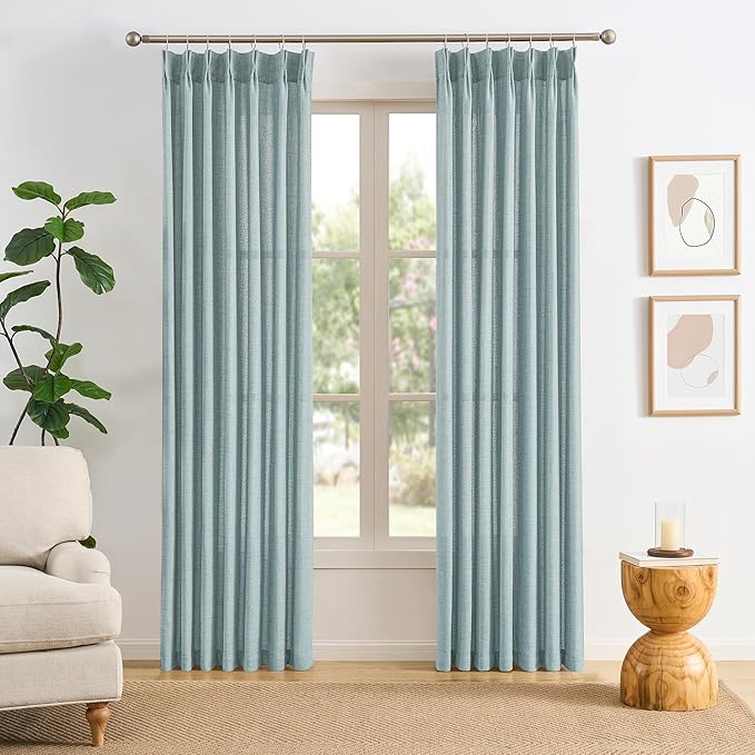 Light Blue Linen Pinch Pleat Curtains 90 Inches Long Pleated Semi Sheer Textured Drapes Hooks Back Tab Coastal Modern Light Filtering Curtain 2 Panels for Living Room Bedroom Office 42x90