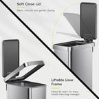 EKO Hudson Slim 50L / 13.2 Gallon Kitchen Trash Can with Lid, Stainless Steel Step Garbage Can for Kitchen or Home, Space-Saving Garbage Can with Soft Close Lid, Stay-Open, Liner Ring, Handle