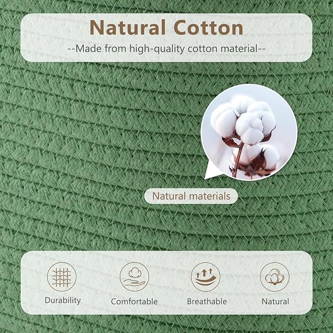 Cotton Rope Basket, Storage Baskets with Handle, 15x10x9 Inch Woven Basket for Shelves, Laundry, Towels, Clothes, Books (Green 3Pack)