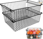 Set of 2 Stackable XXL Wire Baskets For Pantry Storage and Organization -16x12in Large Metal Food Baskets -Vegetable,Fruit,Potato,Onio, Pantry Storage Bins With Handles (Black, XXL)