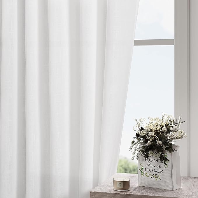 Nanspring White Linen Curtains 64 Inches Long 2 Panels Set Back Tab Rod Pocket Semi Sheer Light Filtering Curtains Airy Elegant Window Privacy Drapes for Kitchen Bedroom Children Living Room 52x64