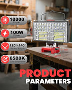 LIVOWALNY LED Work Lights Compatible with Milwaukee 18V Battery, 100W 10000LM 7" Flood Light Portable with USB & Type-C Charging Port & Low Voltage Protection 140° Pivoting Head, Battery Not Included