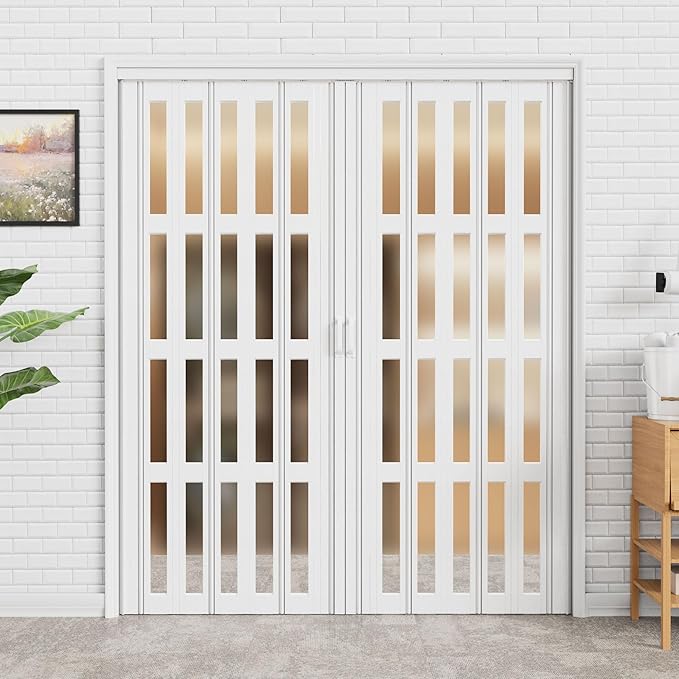 48-72 x 80in (Double 24-36) Accordion Doors Interior Folding Door, 4 Frosted Acrylic Glass PVC Accordion Door with Upgraded Roller & Handle & Complete Hardware, for Closet Bathroom Doorways