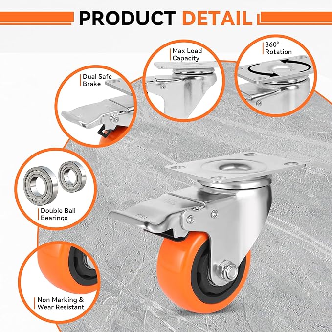 WBD WEIBIDA 3 Inch Swivel Caster Wheels with Brake, Safety Dual Locking Casters Set of 8 Heavy Duty Plate Casters, Premium Polyurethane Wheels for Furniture and Workbench((Screws and Spanner)