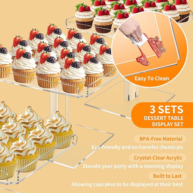 3 Tiered Serving Tray Set for Entertaining, 9" Acrylic Dessert Table Display Set, Cupcake Stand Buffet Risers for Wedding Birthday Party Baby Shower