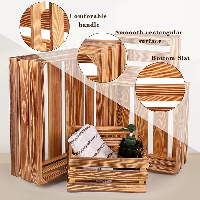 4 Pieces Decorative Wood Crates for Party Display, Large Rustic Farmhouse Wooden Nesting Storage Crates with Handles for Wedding Birthday Home Party Decoration