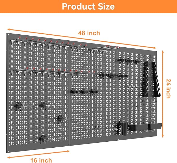 WALMANN Metal Pegboard Wall Tool Organizer Board with Pegboard Hooks, 24x48 in Tools Organizer Pegboard for Garage, Workbench, Peg Boards, Tool Storage Board with Hooks(Black)