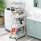 Sywhitta 4-Tier Plastic Rolling Utility Cart with Handle, Multi-Functional Storage Trolley for Office, Living Room, Kitchen, Movable Storage Organizer with Wheels, White