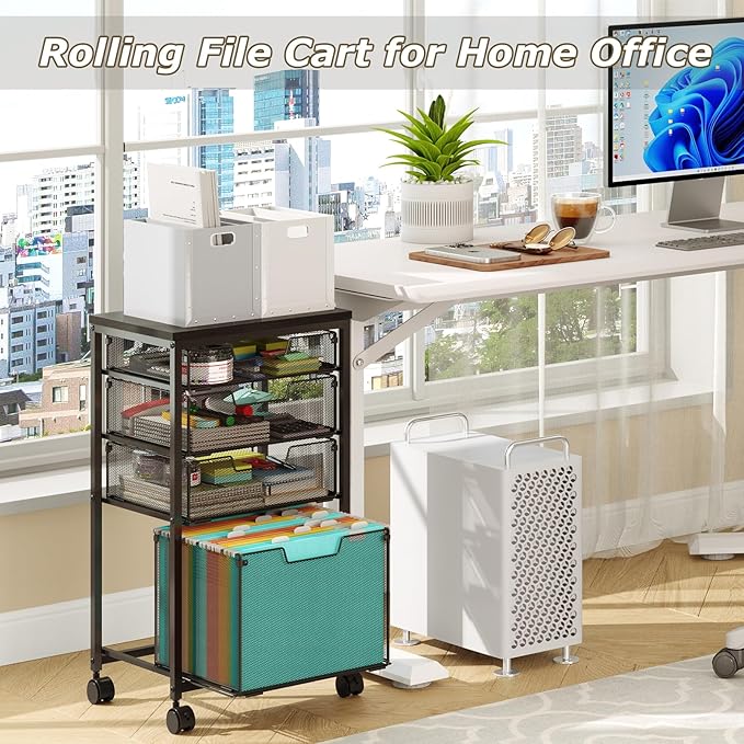 Rolling File Cart with 4 Storage Drawers, Filing Cabinet for Home Office, Hanging File Folder Organizer with Wheels Under Desk, Utility Craft Cart Printer Stand, Black, Patent Pending