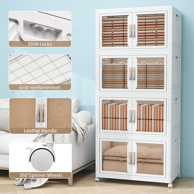 Large Clear Stackable Storage Bins with Lids, 942QT-157QT*6Tier Foldable Cabinet for Closet Organizers, Plastic Storage Box with Wheels White