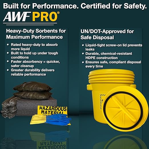 AWF PRO 20 Gallon Universal Spill Kit, 59 Pieces – 20 gal DOT Approved Drum, Socks, Pads & Pillows, & Accessories