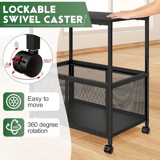 Rolling File Cart, Mobile File Cabinet with Wheels Hanging Files, Filing Cabinet Organizer Printer Stand File Organizer Fit Letter Size for Home Office, Black