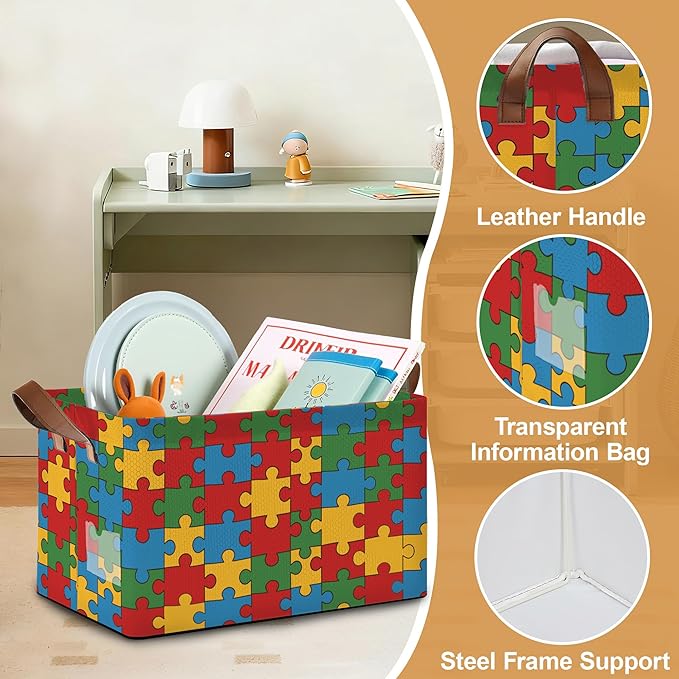Jigsaw Storage Bins with Handles, Collapsible Storage for Clothes, Gift Basket, Blankets & Closet Organization