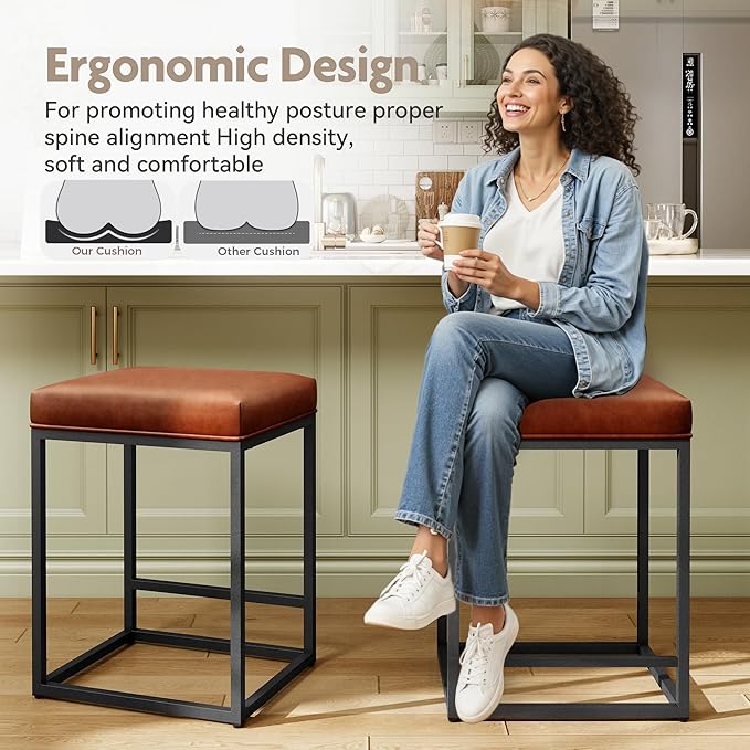 MAISON ARTS Counter Height Bar Stools Set of 3 for Kitchen Counter 24 Inch Backless Modern Barstools Industrial Upholstered Faux Leather Stools Farmhouse Island Chairs, Brown