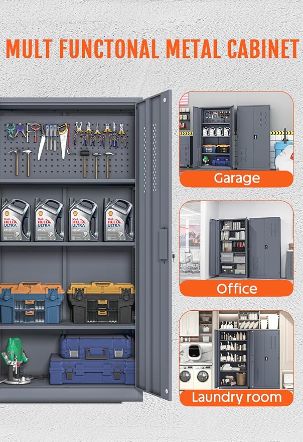 Metal Storage Cabinet Organization, 72'' Tall Locking Cabinet with Doors, Upgraded 4 Adjustable Shelves and Pegboard Garage Storage, Steel Tool Cabinets for Home, Office, Warehouse