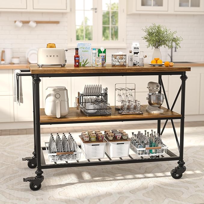 Homieasy Kitchen Island Cart with Wheels, 3-Tier Wood and Metal Rolling Kitchen Island Table with Pipe Legs, Storage Shelves & Lockable Casters for Kitchen Dining Room, Rustic Brown