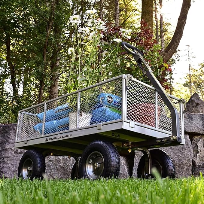 Gorilla Carts Steel Utility Cart, 7 Cu Ft Bed, 1000 lb Load Capacity, Gray – Towable Heavy-Duty Outdoor Hauling Wagon with Removable Side Panels for Yard, Lawn, Garden or Landscaping