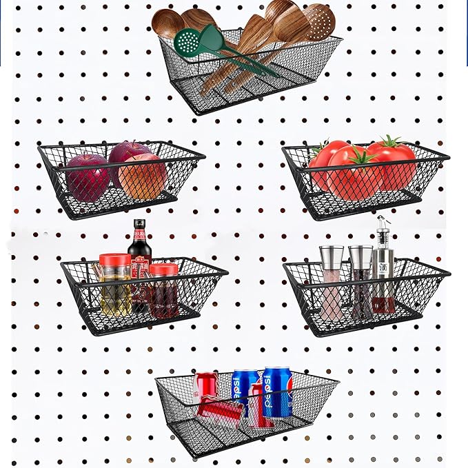 Pegboard Baskets Bins Set 6 Pack 2 Size Metal Pegboard Baskets Black Metal Wire Shelves Hooks for Organizing Various Tools Garage Workbench Kitchen Office Craft Room