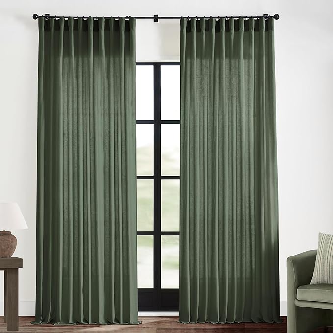 XTMYI Olive Green 102 Inch Length Back Tab/Hook Belt Linen Cotton Sheer Curtains for Bedroom 2 Panels,70 Inch Wide