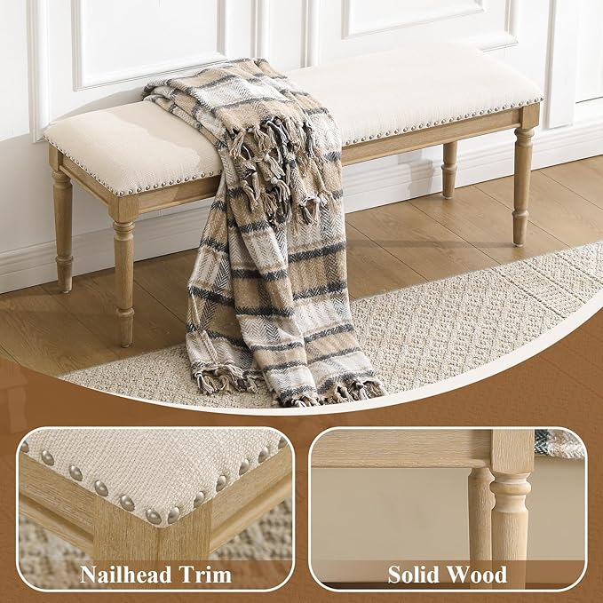46'' French Country Entryway Bench Wooden Linen Fabric Upholstered Seat Dinng Bench with Nailhead Trim for Hallway End of Bed, Beige