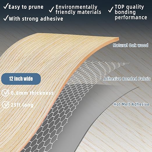 Oak Wood Veneer, 12 inch x 25ft Wood Edge Banding Pre-glued Flexible, Veneer Tape Banding for Cabinet Repair Furniture Restoration