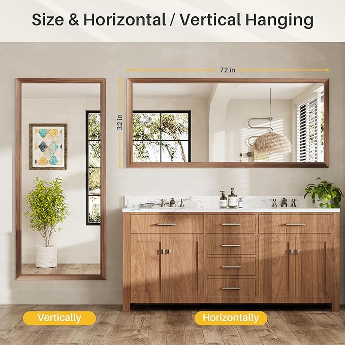 72x32 Inch Bathroom Mirror for Wall, Anti-Rust Walnut Wood Grain Metal Framed Bathroom Mirrors for Over Sink,Rectangler Mirrors for Bathroom Vanity, Farmhouse, Bedroom, Living Room, Entryway Decor