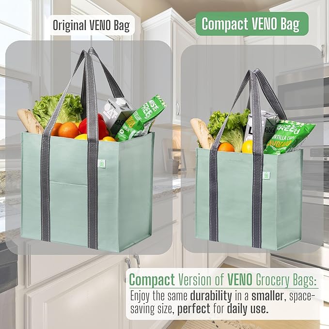VENO 2-4 Pack Reusable Grocery shopping Bags, Small Tote Bag w/Handle Hard Bottom, Heavy Duty, Foldable Carrier