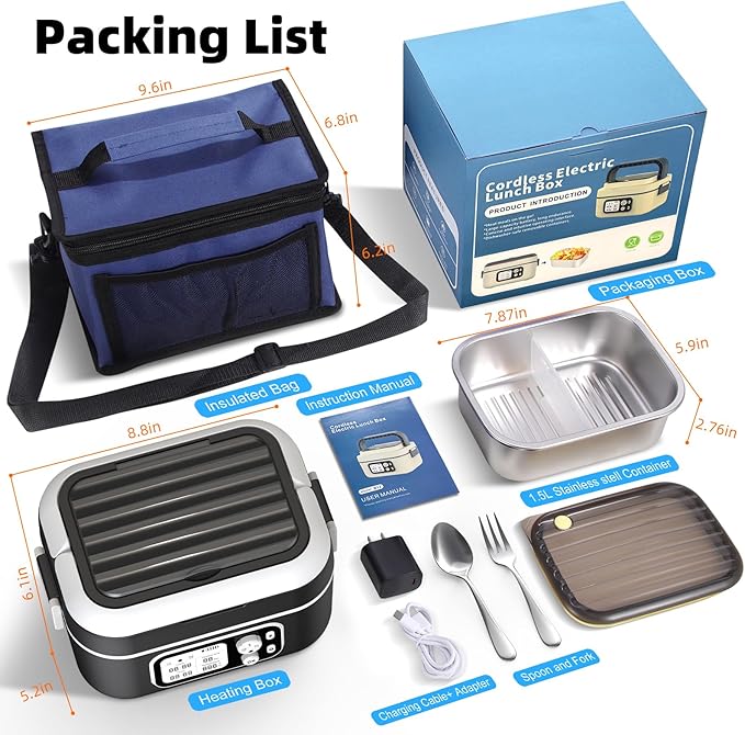 Cordless Heated Lunch Box for Men, 6.3 Cup 100W Electric Lunch Box Food Warmer with 24000mAh Battery for Self Heating, Including Cutlery, Insulated Bag and Divider for Women Adults(Black+White)