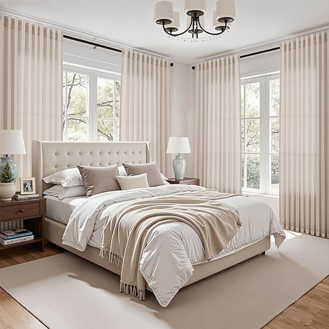 Nanspring Living Room Curtains 63 Inch Length Linen Cream Beige Luxury Light Filtering Semi Sheer Curtain Back Tab Modern Farmhouse Decor Elegant Coastal Drapes for Bedroom Office 52x63, 2 Panels