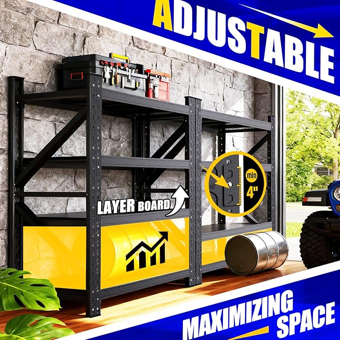 7000LBS Garage Shelving Heavy Duty, 4-Tier Metal Shelving Unit, Large Adjustable Garage shelves, Easy Assembly Utility Storage Rack Shelf for Warehouse, Basement, Pantry, 70” H×48” W×24” D, Black