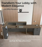 Modern L-Shaped Reception Desk with Counter - 71 inch Front Desk Reception Counter with Open Shelves, Lockable Drawer & Keyboard Tray for Office, Lobby, Checkout (Tobacco Wood + Iron Gray - Left)