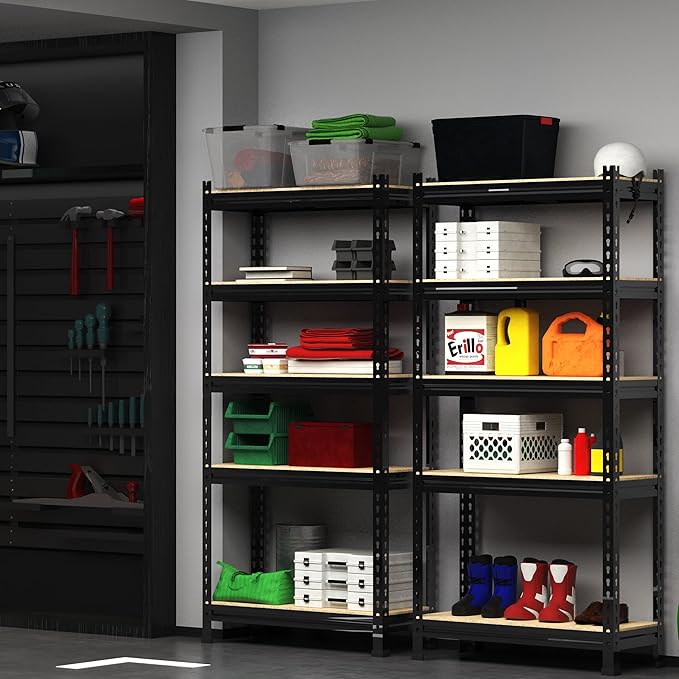 PrimeZone Storage Shelves, 27.5" W X 12" D X 59" H Adjustable Metal Heavy Duty Garage Shelving Unit, 5 Tier Industrial Standing Utility Rack Organizer for Warehouse, Pantry, Kitchen, Basement, Black