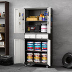 Aobabo Metal Storage Cabinet with Locking Doors and Pegboards, Steel Rolling Tool Storage Cabinet with 2 Drawer and 2 Adjustable Shelves for Garage, Kitchen, Office, Assembly Required, Black Grey