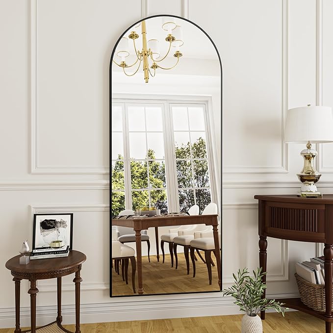 Full Length Mirror Arched Floor Length Mirrors, 71"x26" Large Full Body & with Stand & Arch Wall Mounted & Standing Mirror for Bedroom Living Room, Aluminum Frame, Black