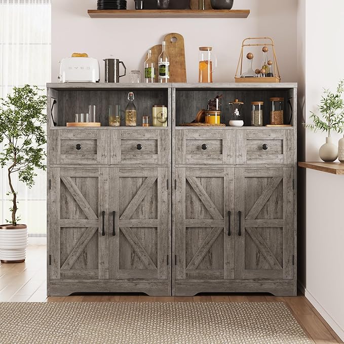 Small Farmhouse Storage Cabinet with Barn Doors, Farmhouse Kitchen Pantry Cabinet, Tall Coffee Bar with Storage, Hutch Cupboard for Kitchen, Laundry, Living Room, Washed Grey