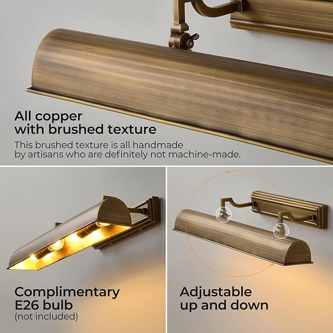 24in Modern Brass Picture Lights for Wall Hardwired, 4 Light Gold Wall Picture Light for Above Picture Frame, Accent Light for Living Room, Bookcase, Library Display E12 Base No Bulbs