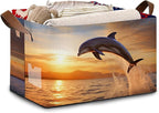 Dolphin Sunset Storage Basket Large 17x11.5x10.5 Inche - Collapsible Beach Themed Organizer Bin with Handles for Bathroom,Nursery,Toys - Foldable Decorative Hamper with Ocean Wave Design - Single Pack