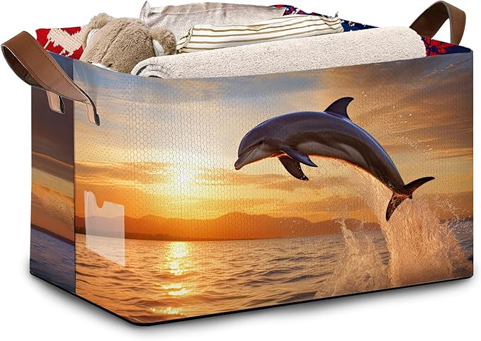 Dolphin Sunset Storage Basket Large 17x11.5x10.5 Inche - Collapsible Beach Themed Organizer Bin with Handles for Bathroom,Nursery,Toys - Foldable Decorative Hamper with Ocean Wave Design - Single Pack