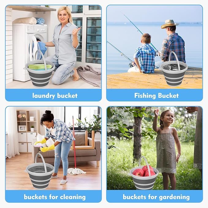 Collapsible Bucket with Handle, 2.6 Gallon Foldable Water Bucket for Car Wash, Cleaning, Camping and Outdoor, Gray and White